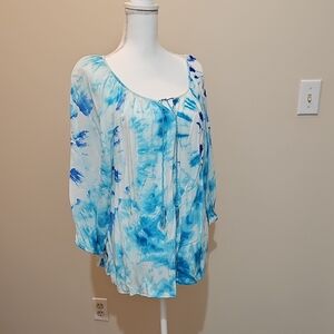 New Directions Blue 3/4 Sleeve Tie Front Blouse